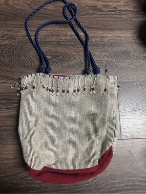 Beaded Rope-Handle Striped Tote Bag in Navy and Red